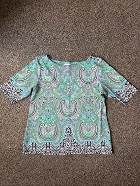 Charter Club Mint Paisley Boatneck Top with Black White Trim